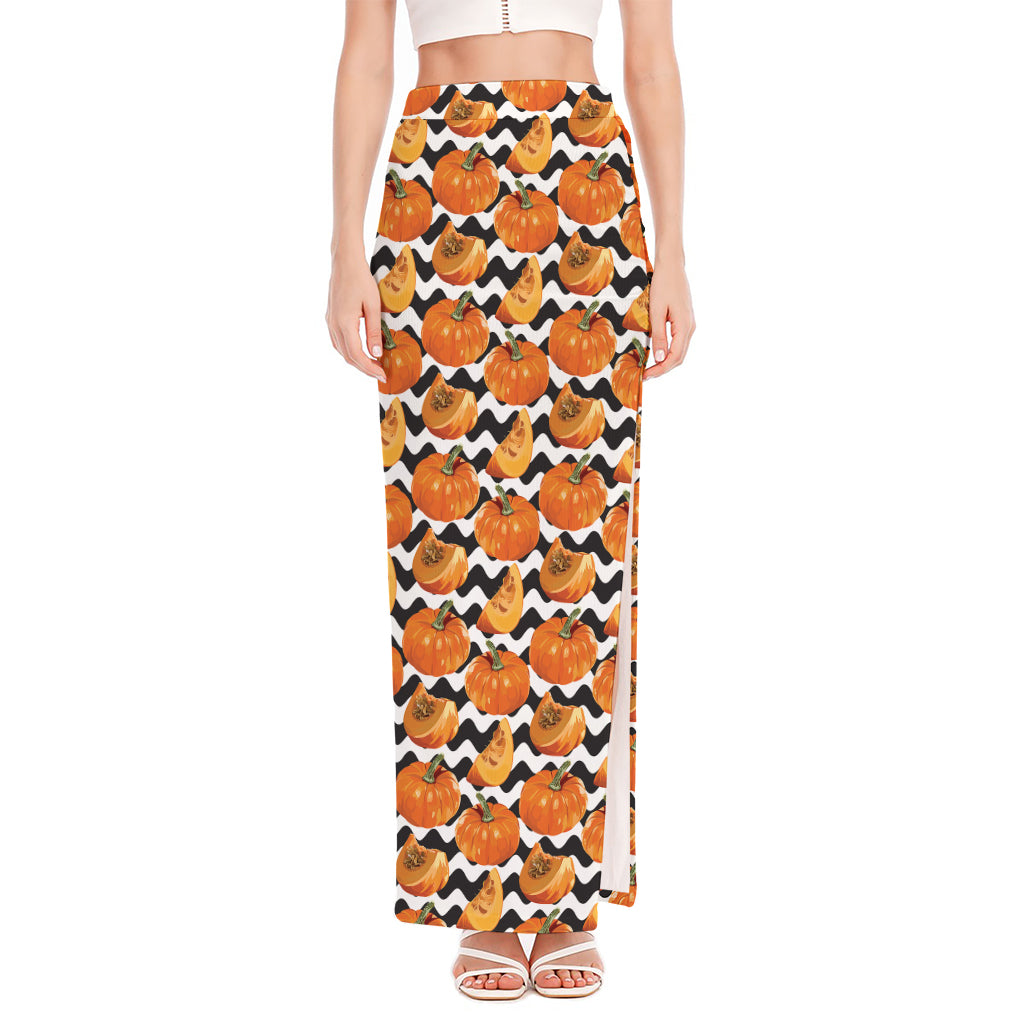 Wave Pumpkin Pattern Print High Slit Maxi Skirt