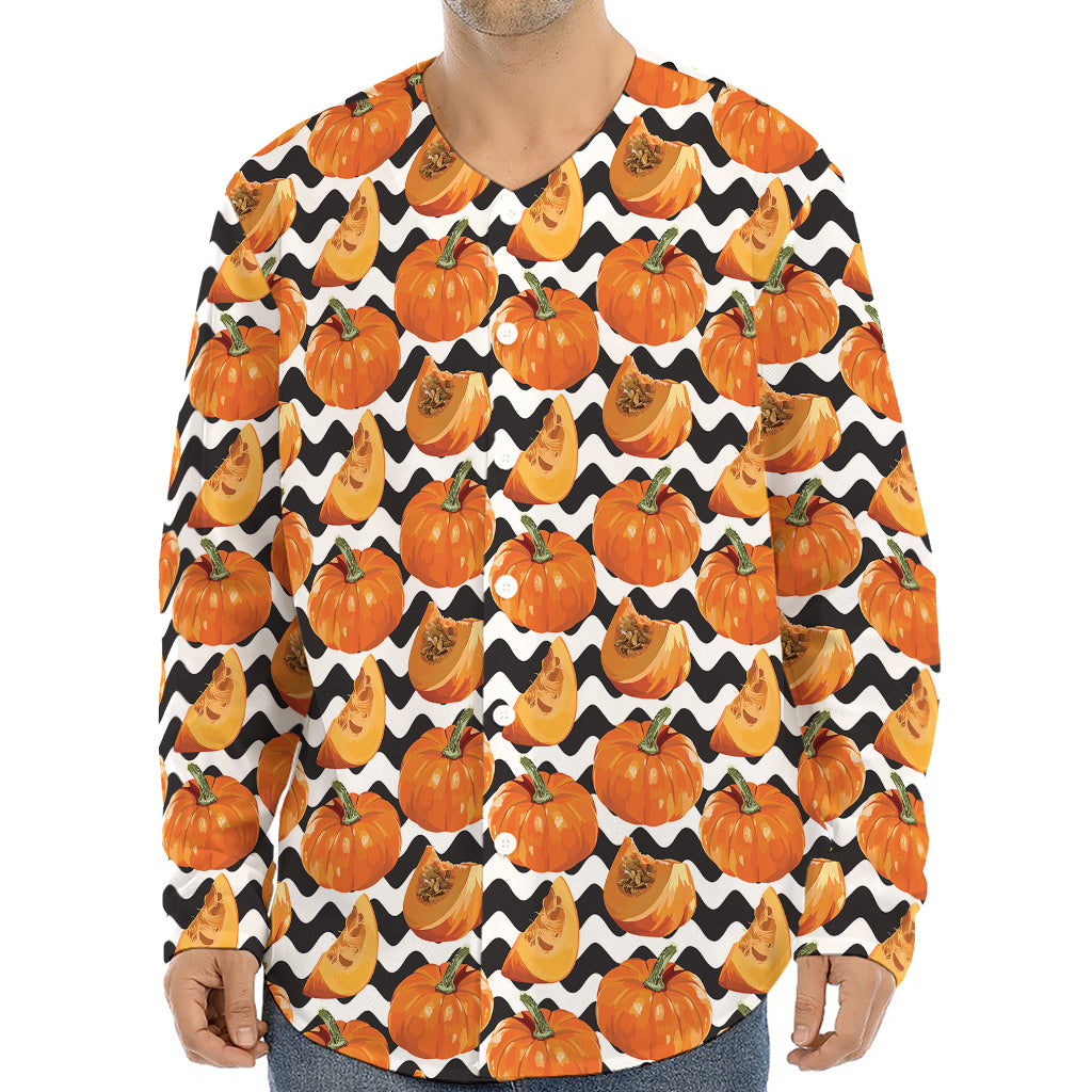 Wave Pumpkin Pattern Print Long Sleeve Baseball Jersey