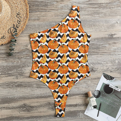 Wave Pumpkin Pattern Print One Shoulder Bodysuit
