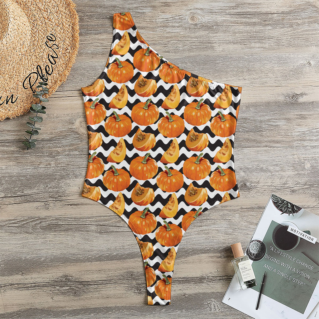 Wave Pumpkin Pattern Print One Shoulder Bodysuit