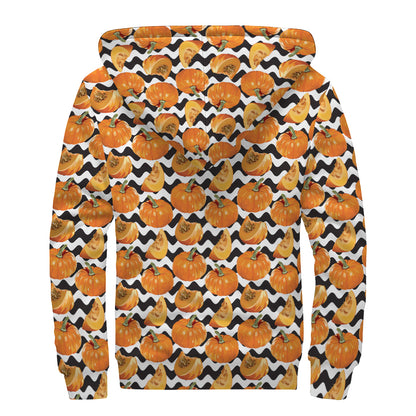 Wave Pumpkin Pattern Print Sherpa Lined Zip Up Hoodie