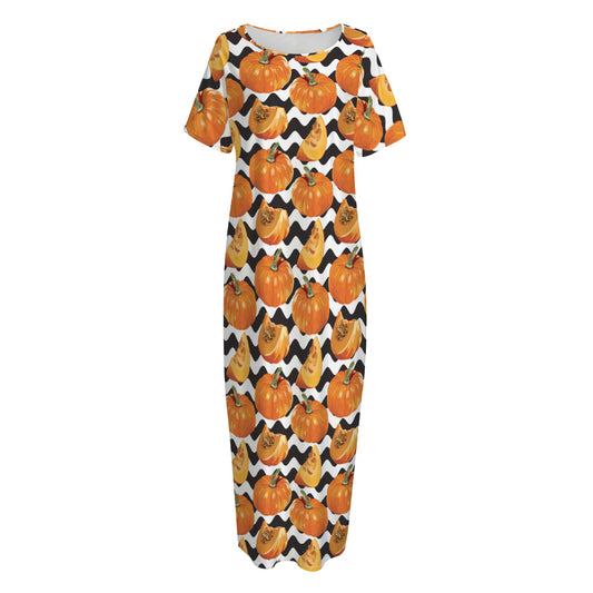 Wave Pumpkin Pattern Print Short Sleeve Long Nightdress