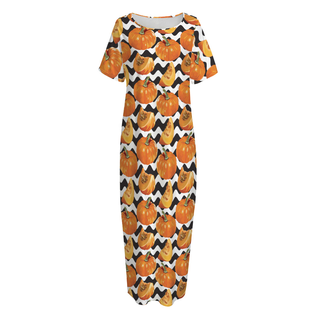 Wave Pumpkin Pattern Print Short Sleeve Long Nightdress