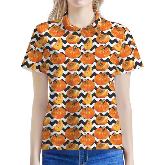Wave Pumpkin Pattern Print Women's Polo Shirt