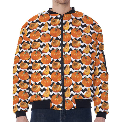 Wave Pumpkin Pattern Print Zip Sleeve Bomber Jacket