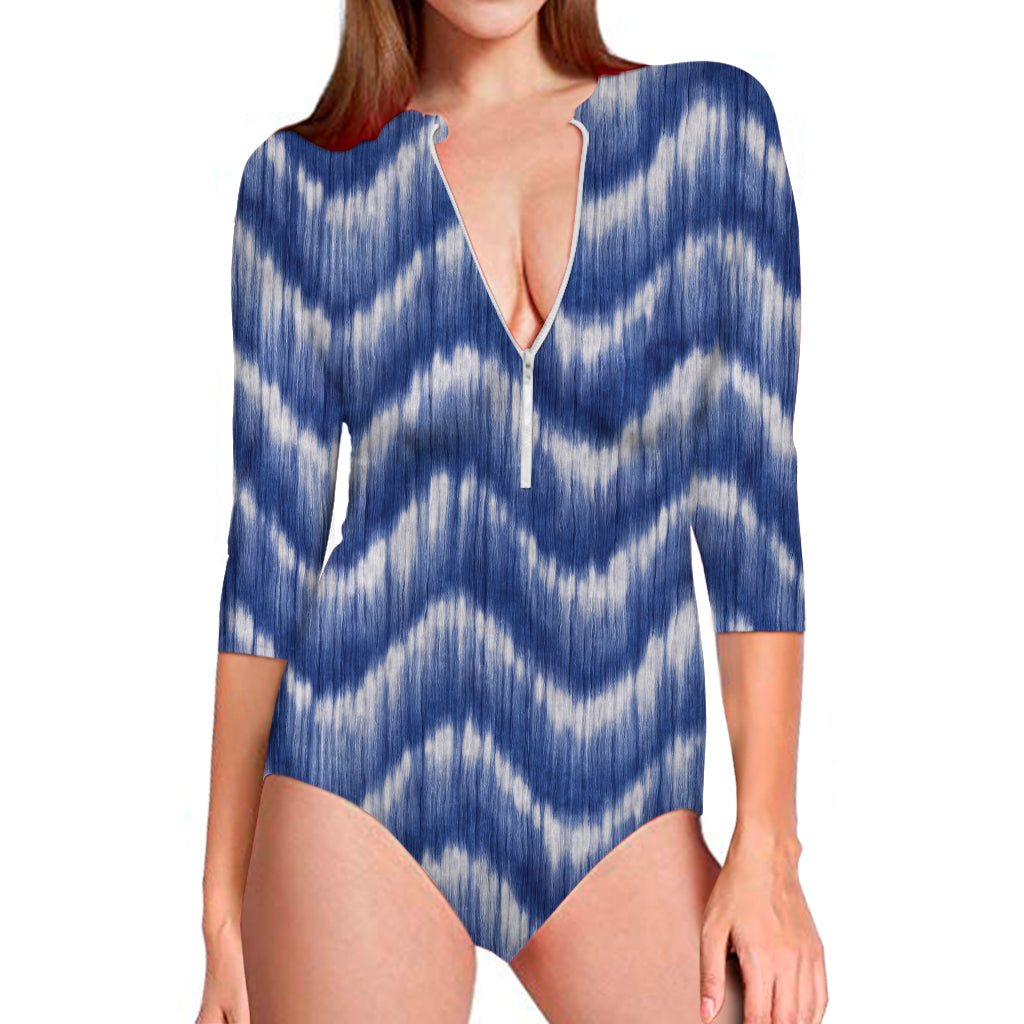 Wavy Shibori Pattern Print Long Sleeve Swimsuit