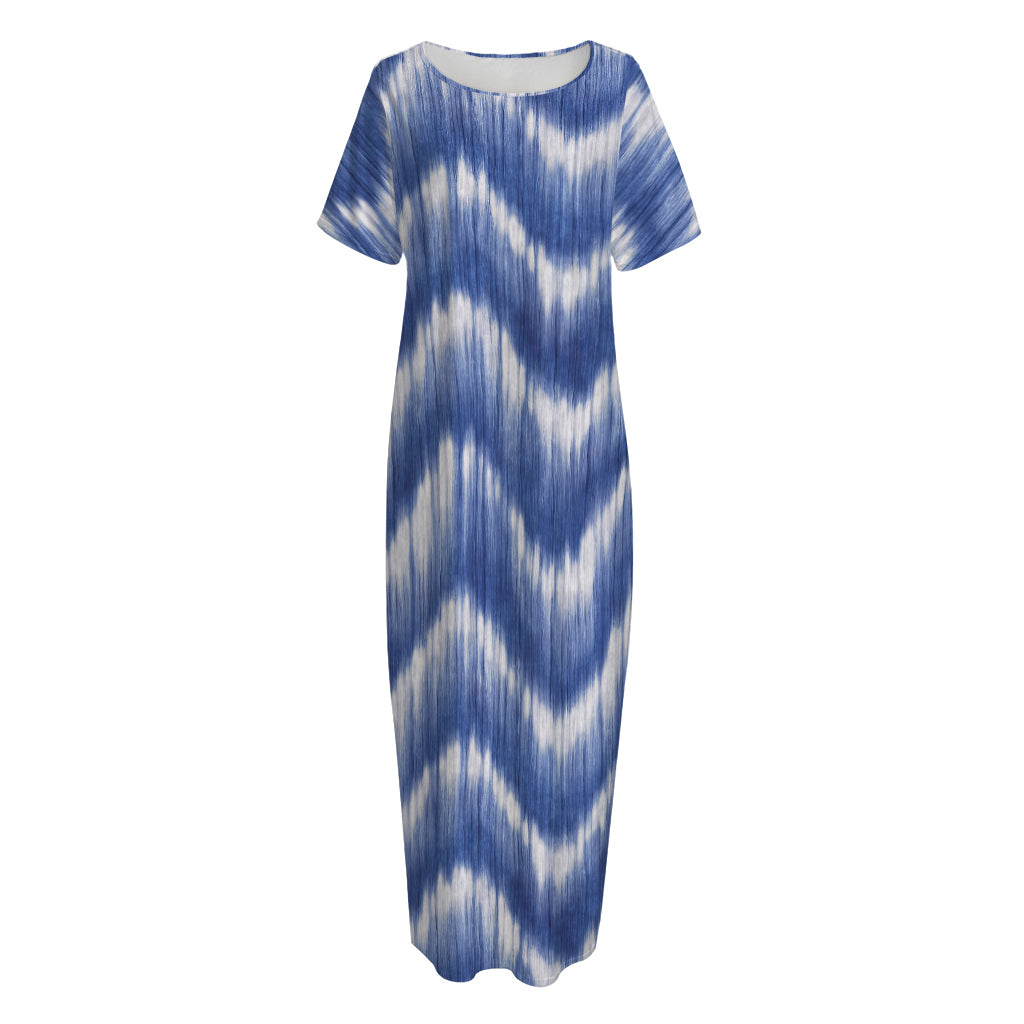 Wavy Shibori Pattern Print Short Sleeve Long Nightdress