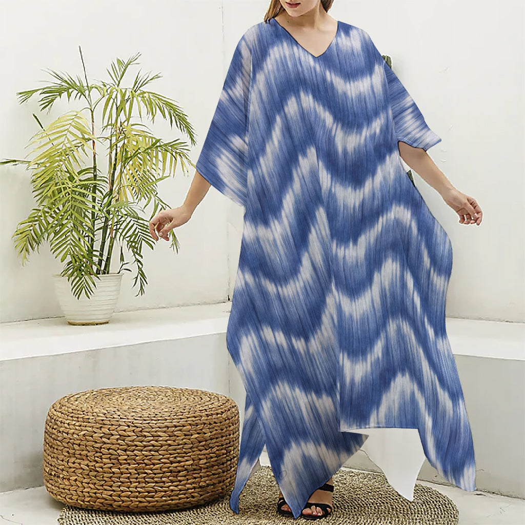 Wavy Shibori Pattern Print Silk V-Neck Kaftan Dress