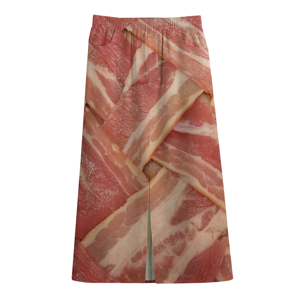 Weaving Bacon Print Cotton Front Slit Maxi Skirt