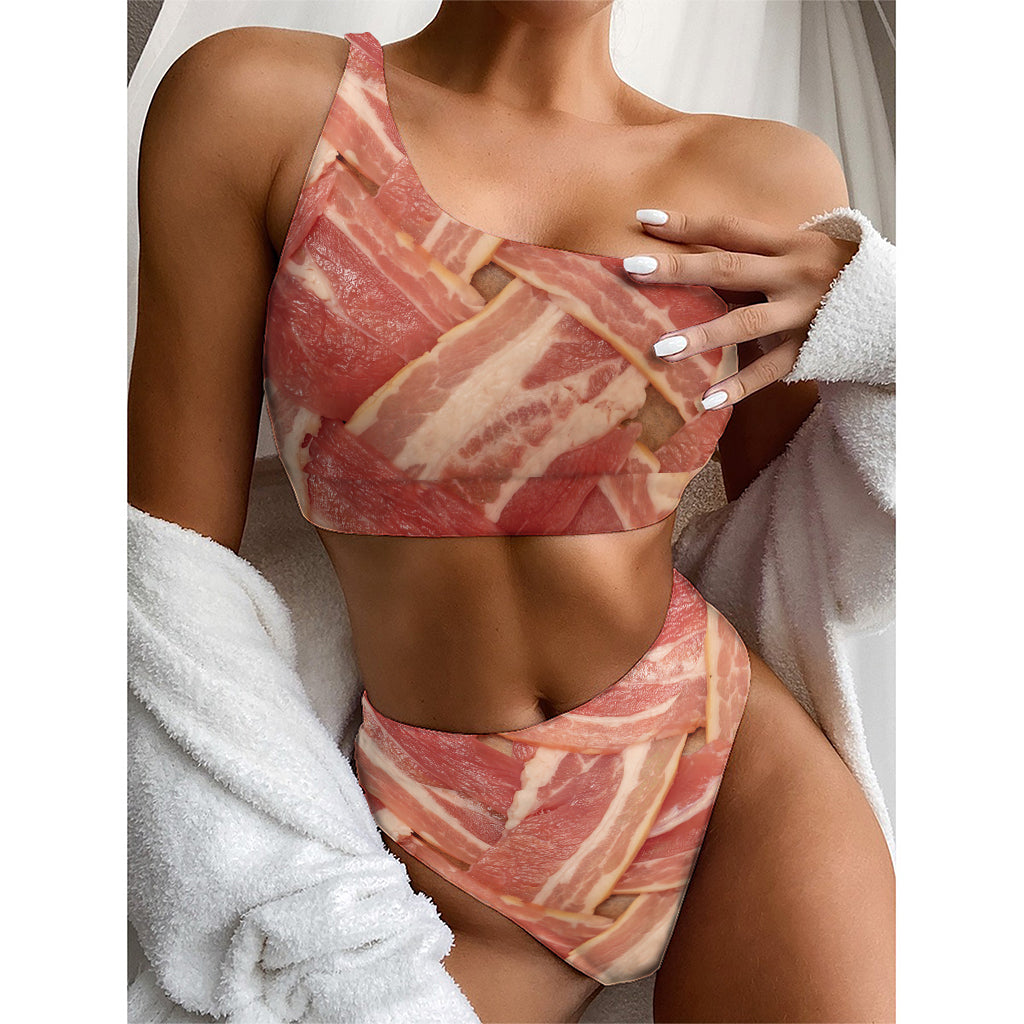 Weaving Bacon Print One Shoulder Bikini Top