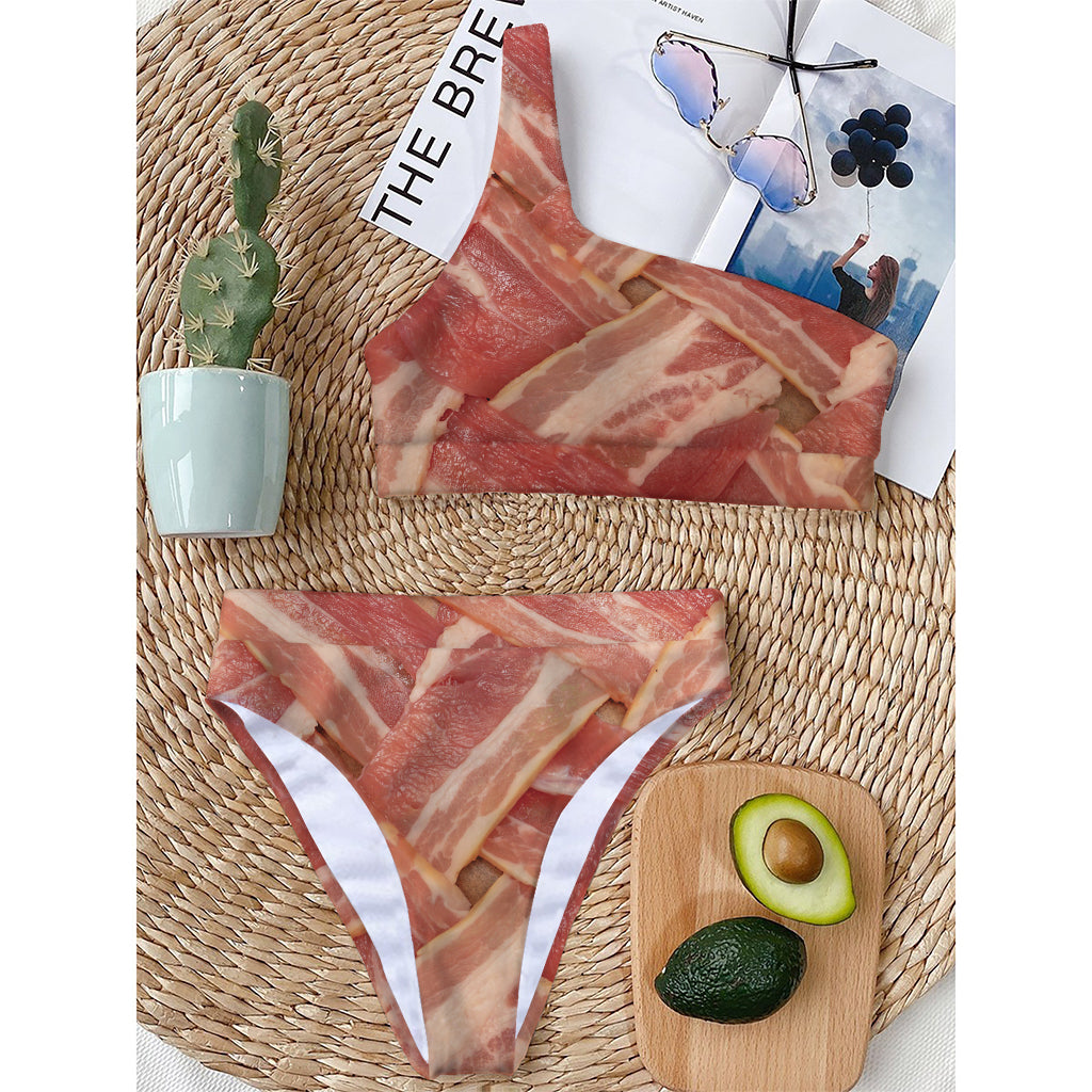 Weaving Bacon Print One Shoulder Bikini Top