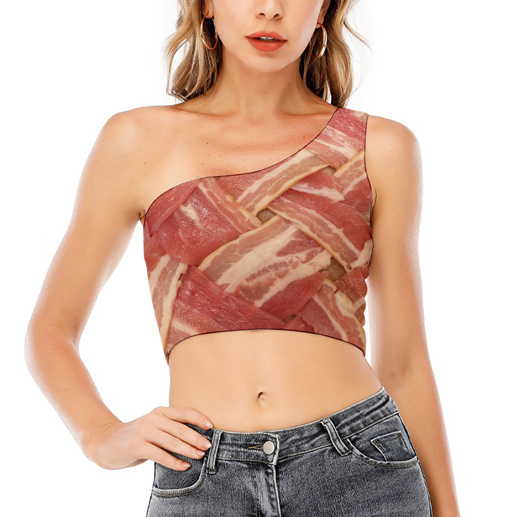 Weaving Bacon Print One Shoulder Crop Top