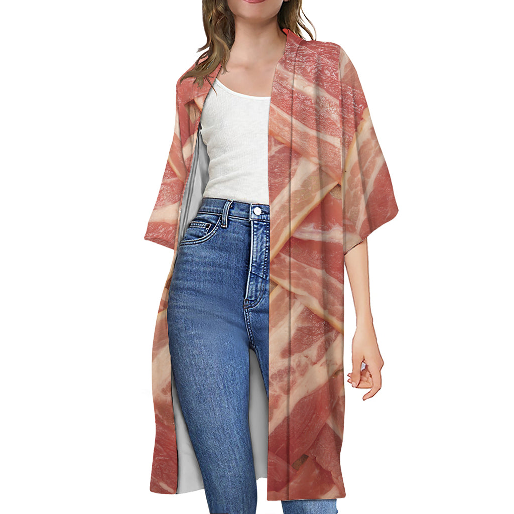 Weaving Bacon Print Open Front Beach Cover Up