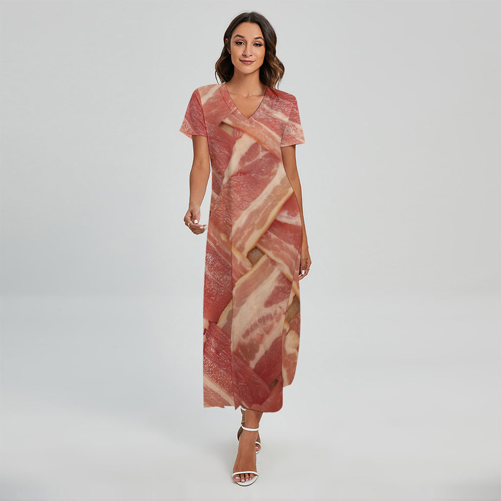 Weaving Bacon Print Short Sleeve Maxi Dress