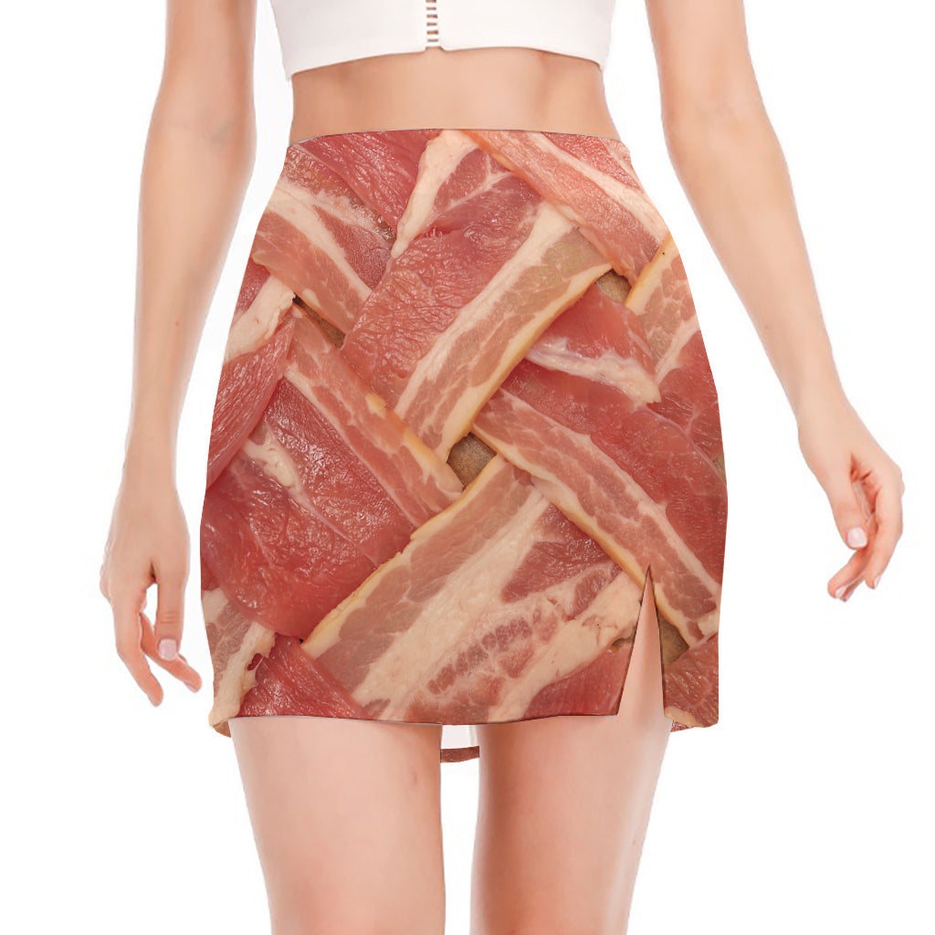 Weaving Bacon Print Side Slit Mini Skirt