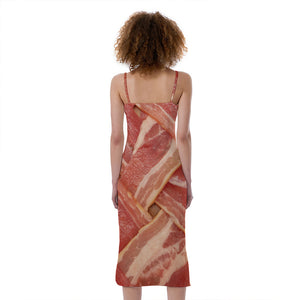 Weaving Bacon Print Slim Fit Midi Cami Dress