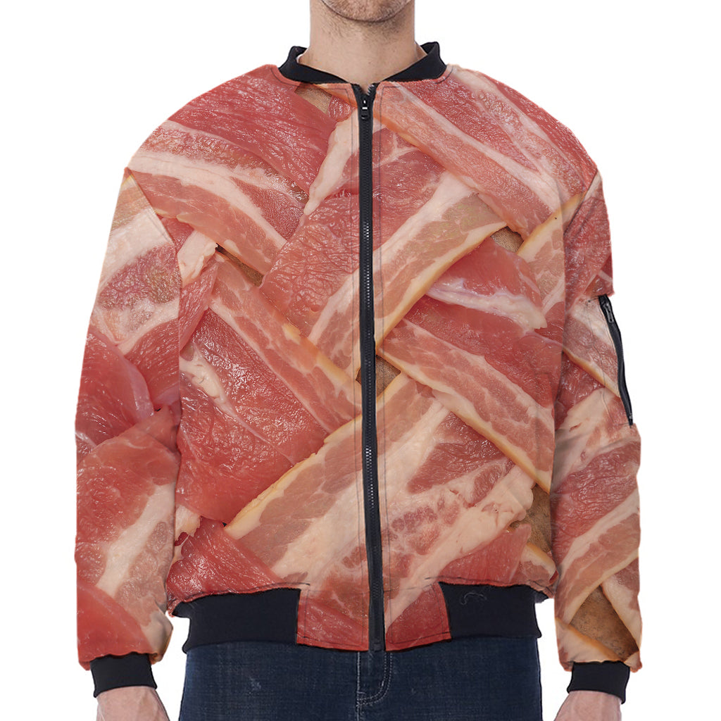 Weaving Bacon Print Zip Sleeve Bomber Jacket