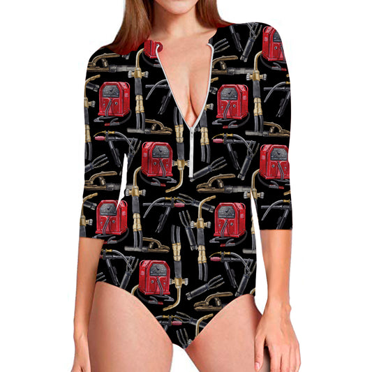 Welding Machine Pattern Print Long Sleeve Swimsuit