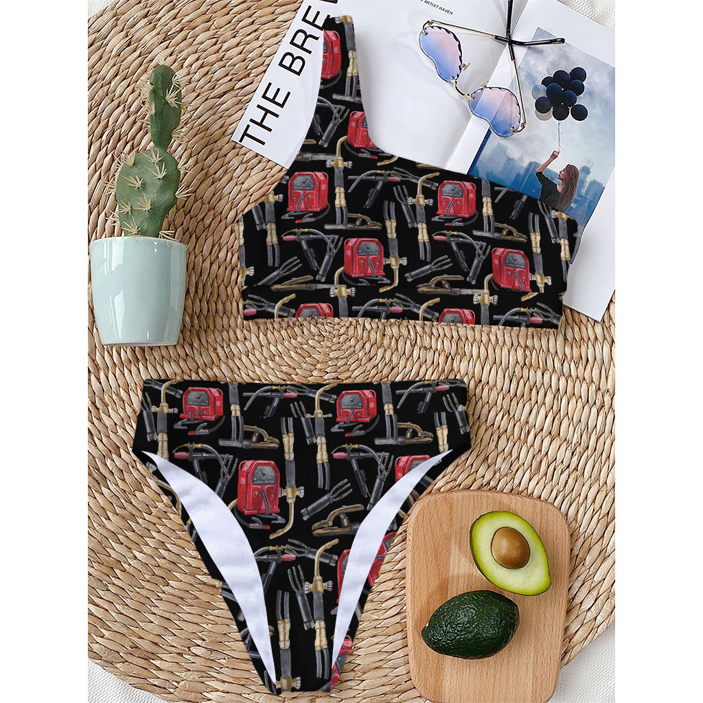 Welding Machine Pattern Print One Shoulder Bikini Top