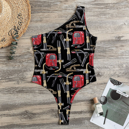 Welding Machine Pattern Print One Shoulder Bodysuit