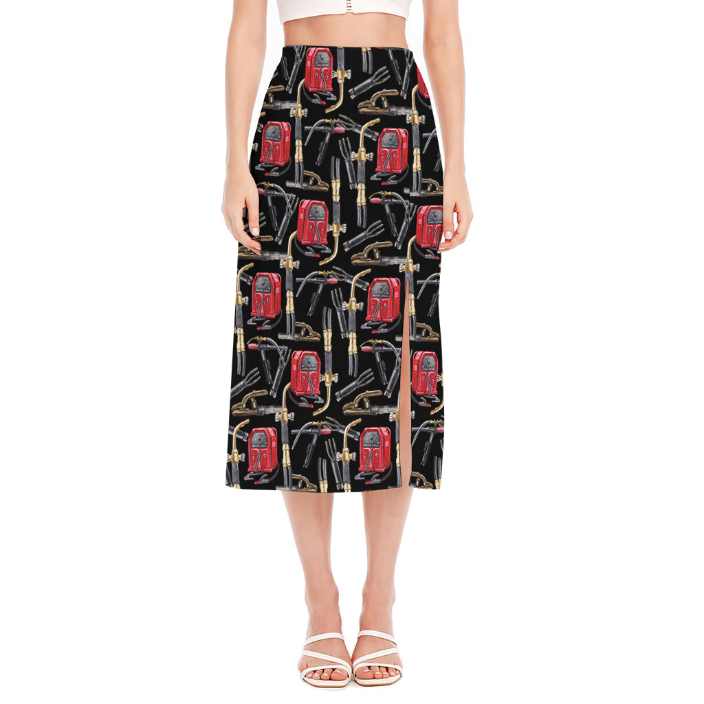Welding Machine Pattern Print Side Slit Midi Skirt