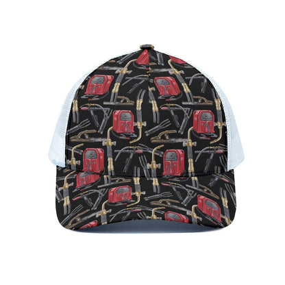 Welding Machine Pattern Print White Mesh Trucker Cap