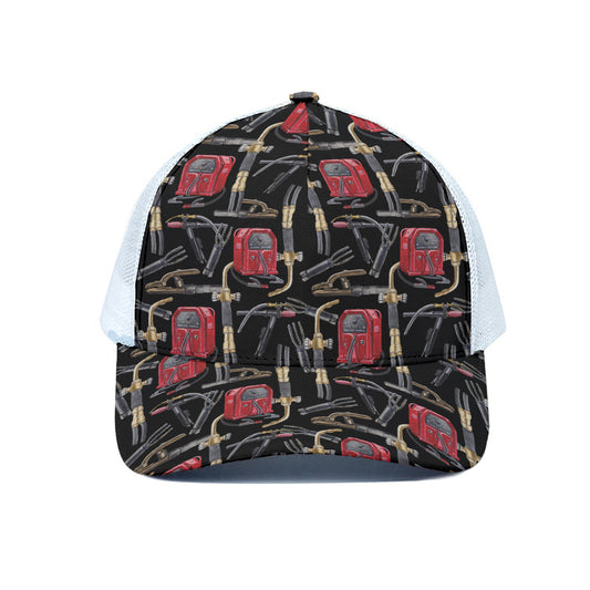Welding Machine Pattern Print White Mesh Trucker Cap