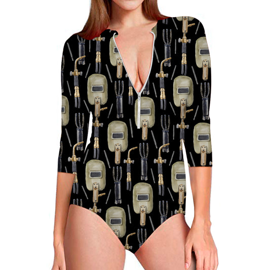 Welding Mask Pattern Print Long Sleeve Swimsuit