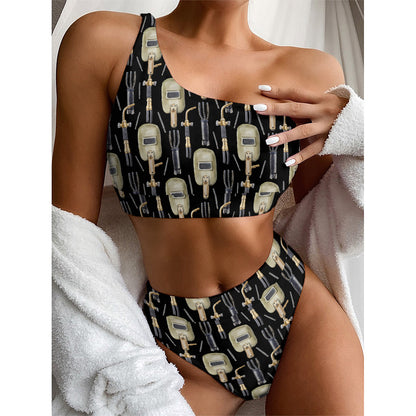 Welding Mask Pattern Print One Shoulder Bikini Top