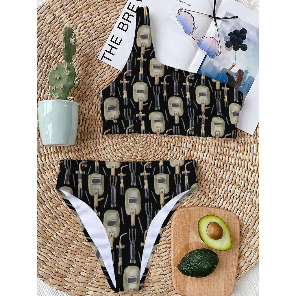 Welding Mask Pattern Print One Shoulder Bikini Top