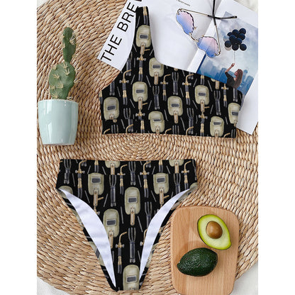 Welding Mask Pattern Print One Shoulder Bikini Top