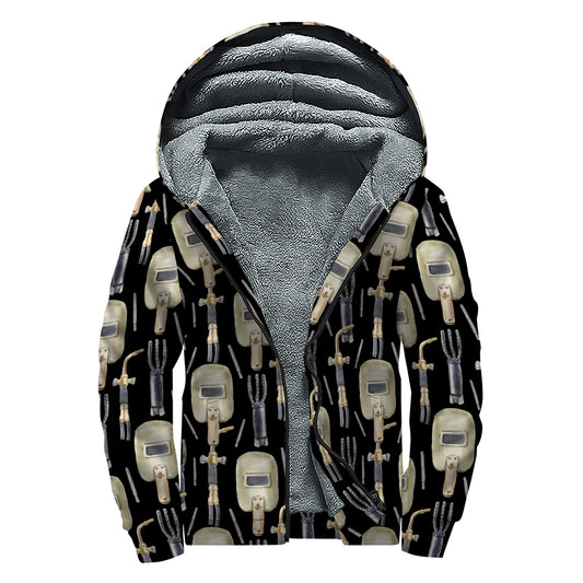 Welding Mask Pattern Print Sherpa Lined Zip Up Hoodie