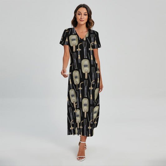 Welding Mask Pattern Print Short Sleeve Maxi Dress