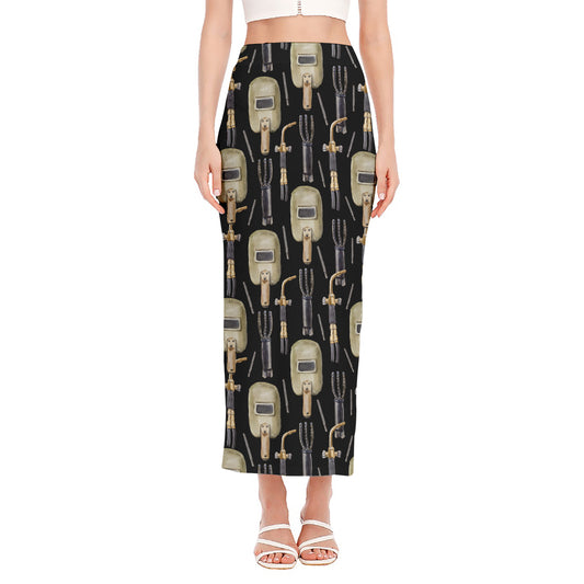 Welding Mask Pattern Print Side Slit Maxi Skirt