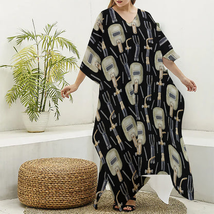 Welding Mask Pattern Print Silk V-Neck Kaftan Dress