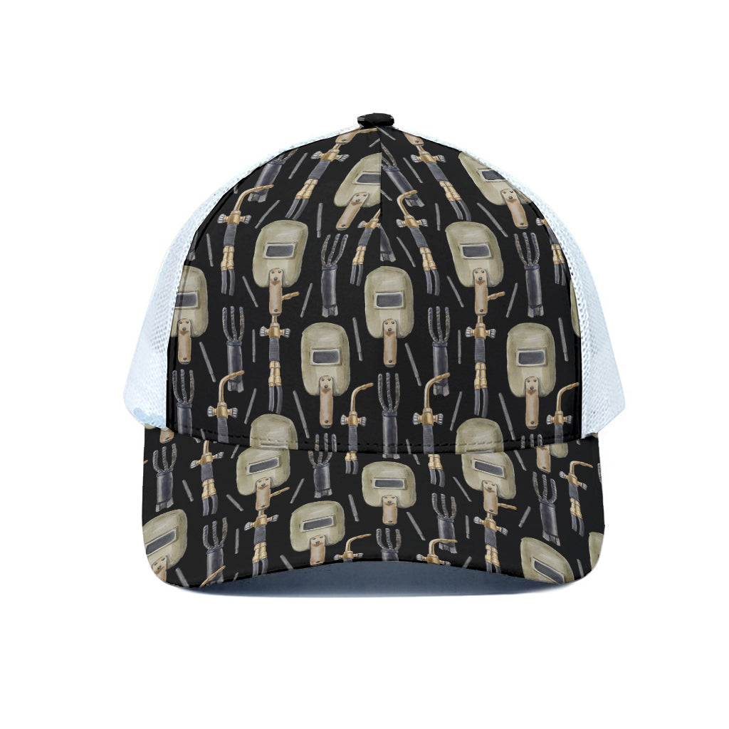 Welding Mask Pattern Print White Mesh Trucker Cap