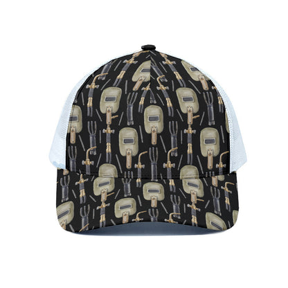 Welding Mask Pattern Print White Mesh Trucker Cap