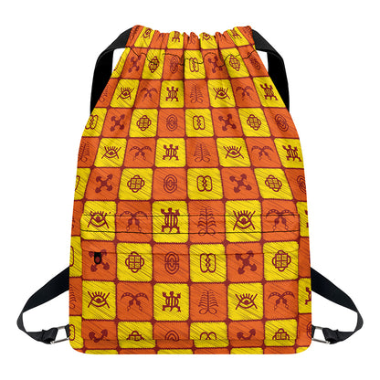 West Adinkra Symbols Pattern Print Drawstring Backpack
