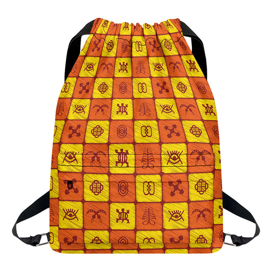 West Adinkra Symbols Pattern Print Drawstring Backpack