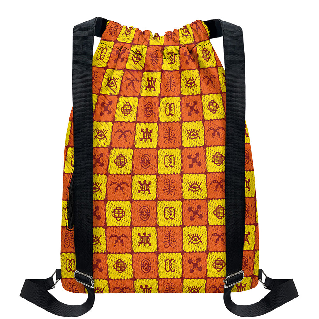 West Adinkra Symbols Pattern Print Drawstring Backpack