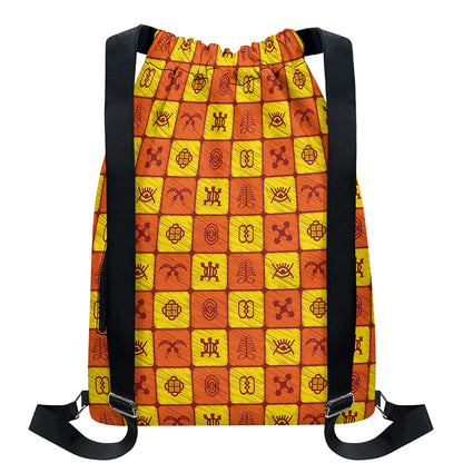 West Adinkra Symbols Pattern Print Drawstring Backpack