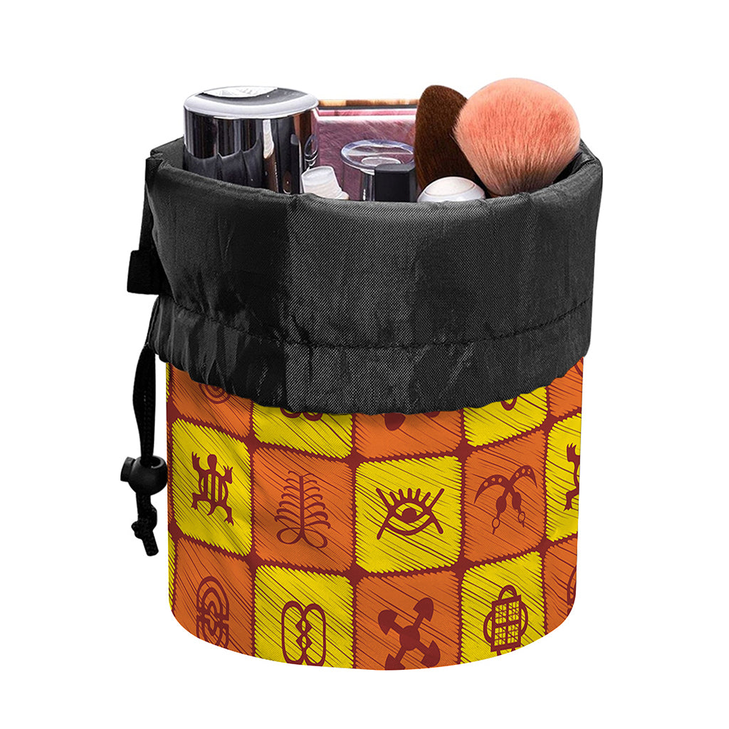 West Adinkra Symbols Pattern Print Drawstring Makeup Bag