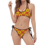 West Adinkra Symbols Pattern Print Halter Scoop Tie Side Bikini