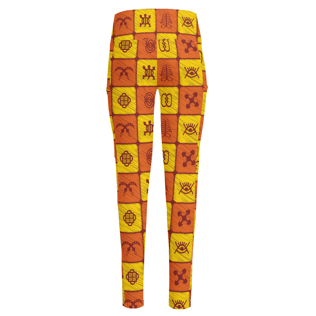 West Adinkra Symbols Pattern Print High-Waisted Pocket Leggings