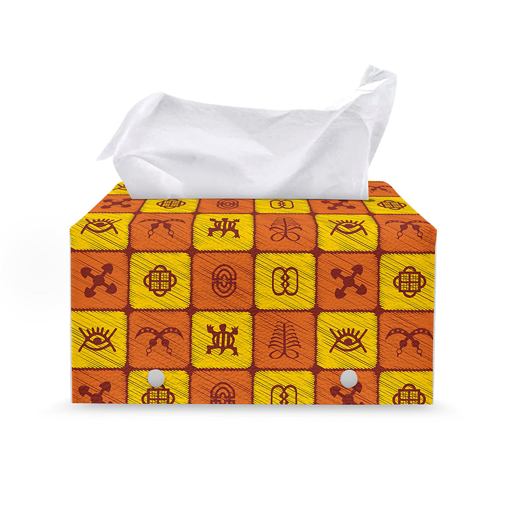 West Adinkra Symbols Pattern Print Leather Tissue Box Cover