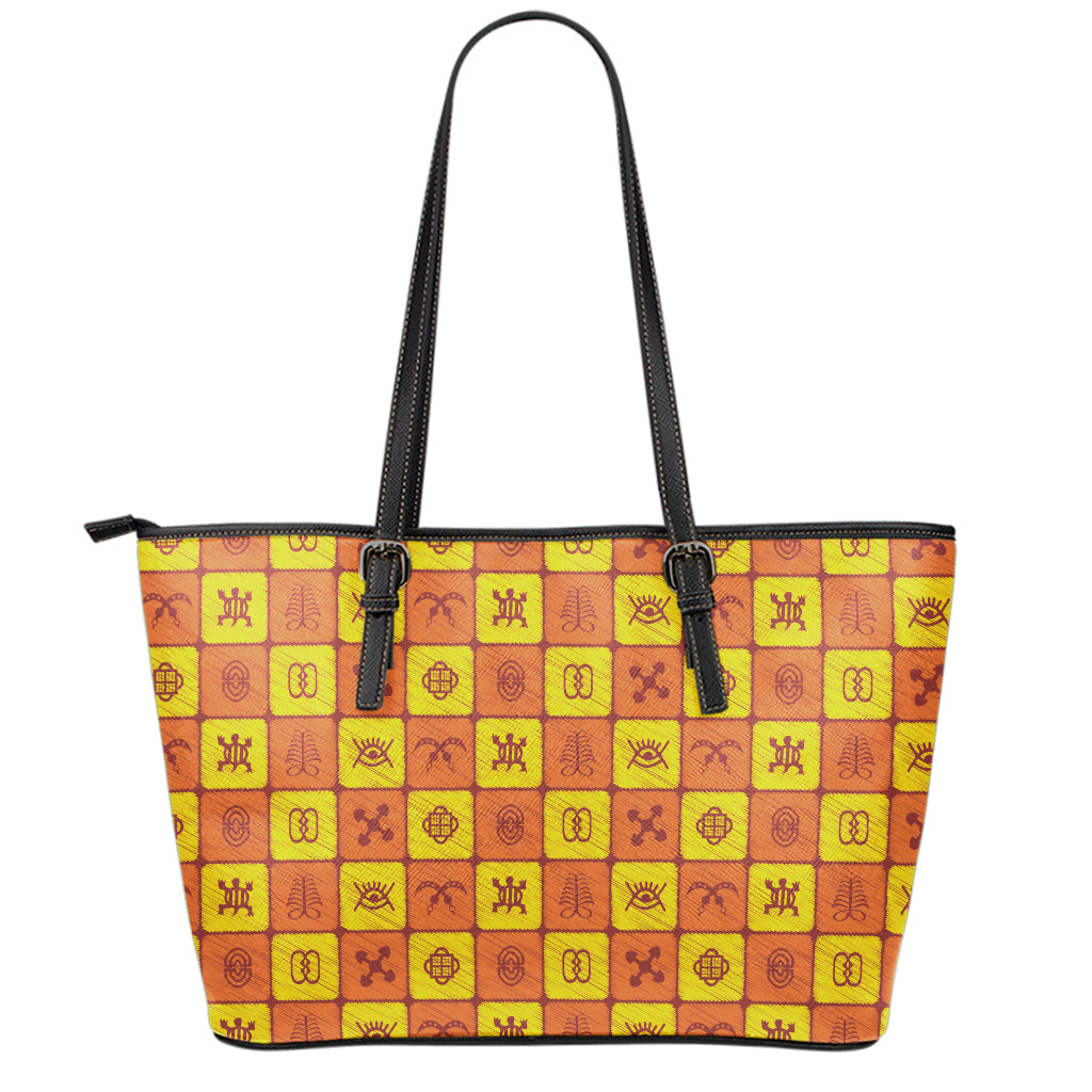 West Adinkra Symbols Pattern Print Leather Tote Bag
