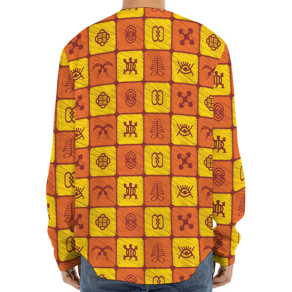 West Adinkra Symbols Pattern Print Long Sleeve Baseball Jersey