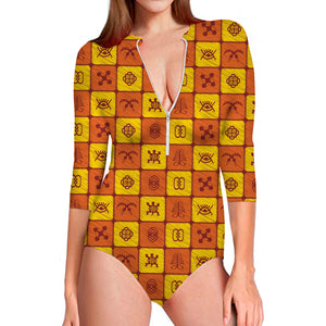 West Adinkra Symbols Pattern Print Long Sleeve Swimsuit