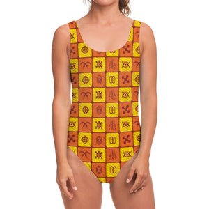 West Adinkra Symbols Pattern Print One Piece Swimsuit