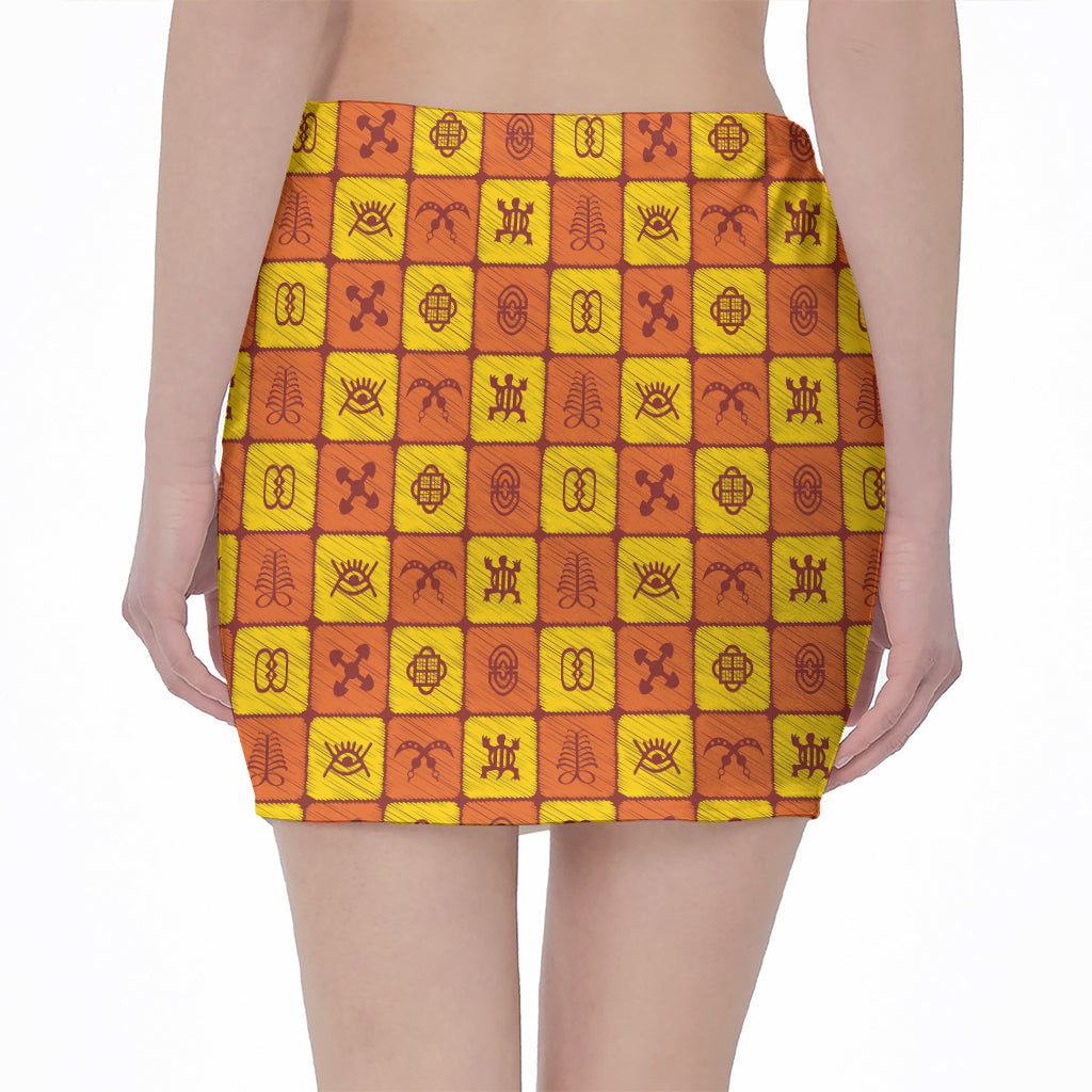West Adinkra Symbols Pattern Print Pencil Mini Skirt